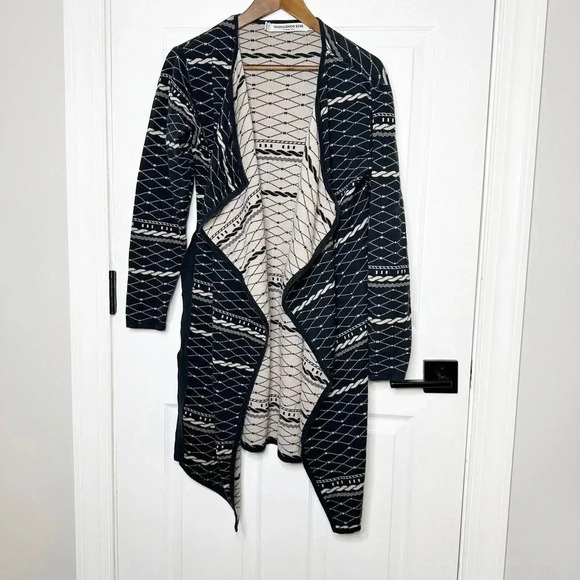 SOMETHING ELSE Black Cream Rope Print Open Front Belted Coatigan Size US 2 - Picture 1 of 7
